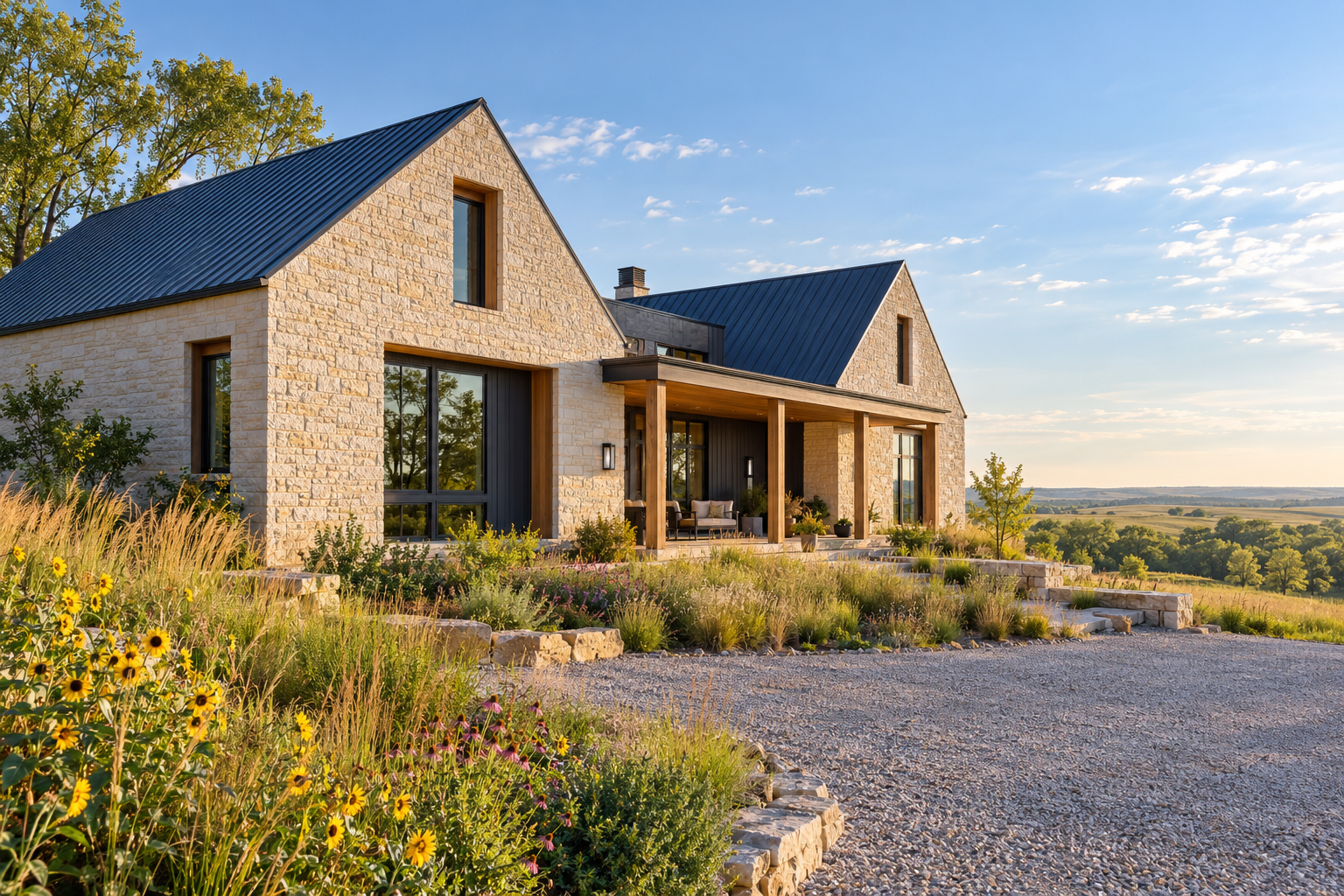 Contemporary Kansas country home with natural limestone and navy siding